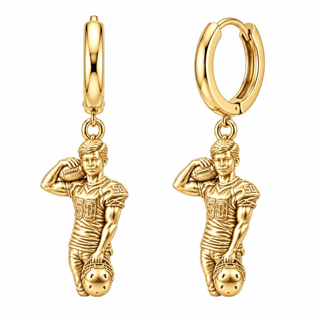 Gridiron Hero Photo Sculpt Huggie Charm Earrings – 18K gold, front view