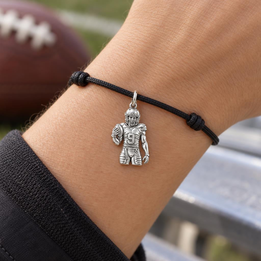 Gridiron Hero Portrait Charm Bracelet – Personalized Mom Gift – worn on the wrist on a black cord bracelet