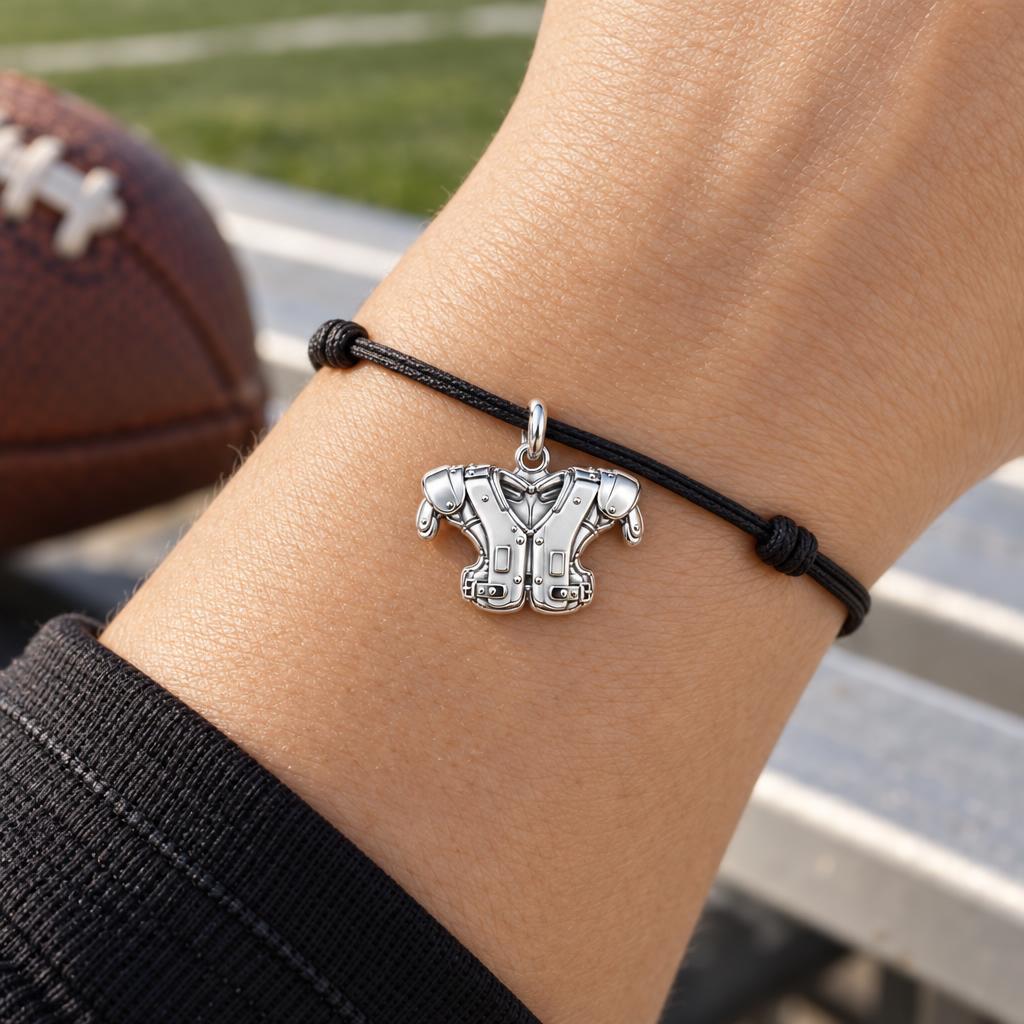 Gridiron Strength Charm Bracelet – Personalized Football Gift – worn on the wrist on a black cord bracelet