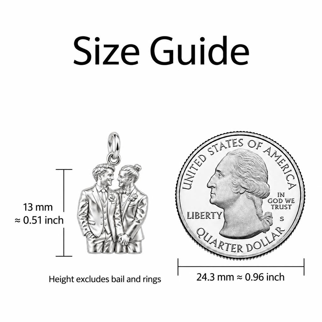 Groom And Groom Wedding Charm Bracelet – Personalized Couple Gift – size guide, 13 mm charm next to a quarter