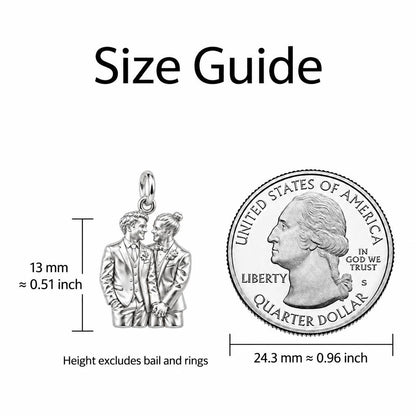 Groom And Groom Wedding Charm Bracelet – Personalized Couple Gift – size guide, 13 mm charm next to a quarter