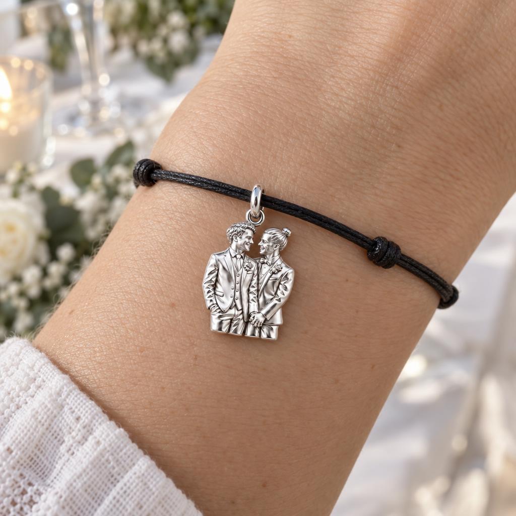 Groom And Groom Wedding Charm Bracelet – Personalized Couple Gift – worn on the wrist on a black cord bracelet