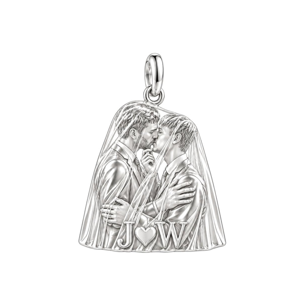 Groom's First Kiss Charm Bracelet – Personalized Couple Gift – silver plated 2 cm charm, front view