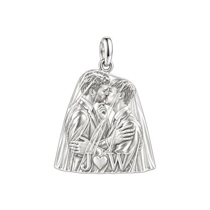 Groom's First Kiss Charm Bracelet – Personalized Couple Gift – silver plated 2 cm charm, front view