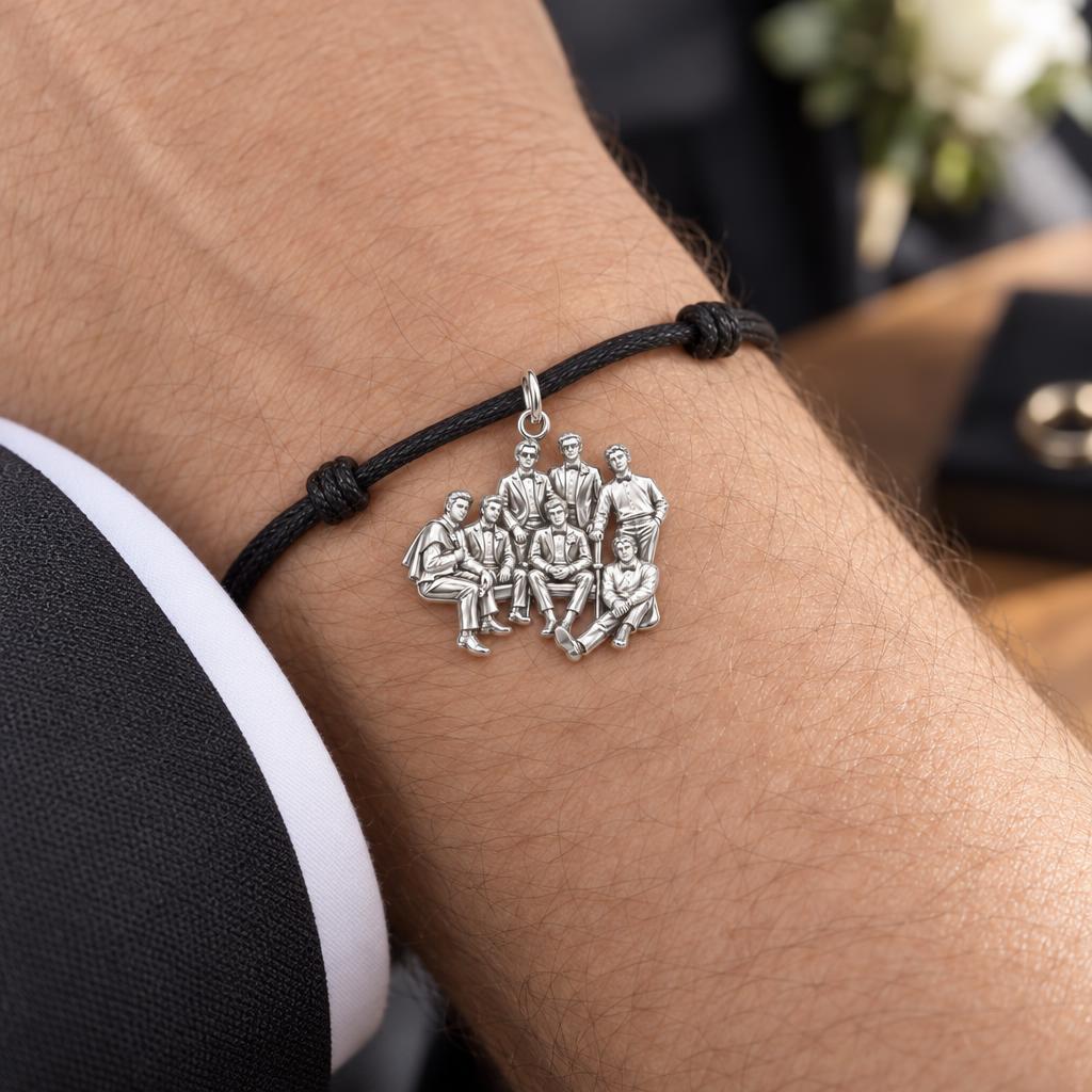 Groomsmen Brotherhood Charm Bracelet – Personalized Groom Gift – worn on the wrist on a black cord bracelet