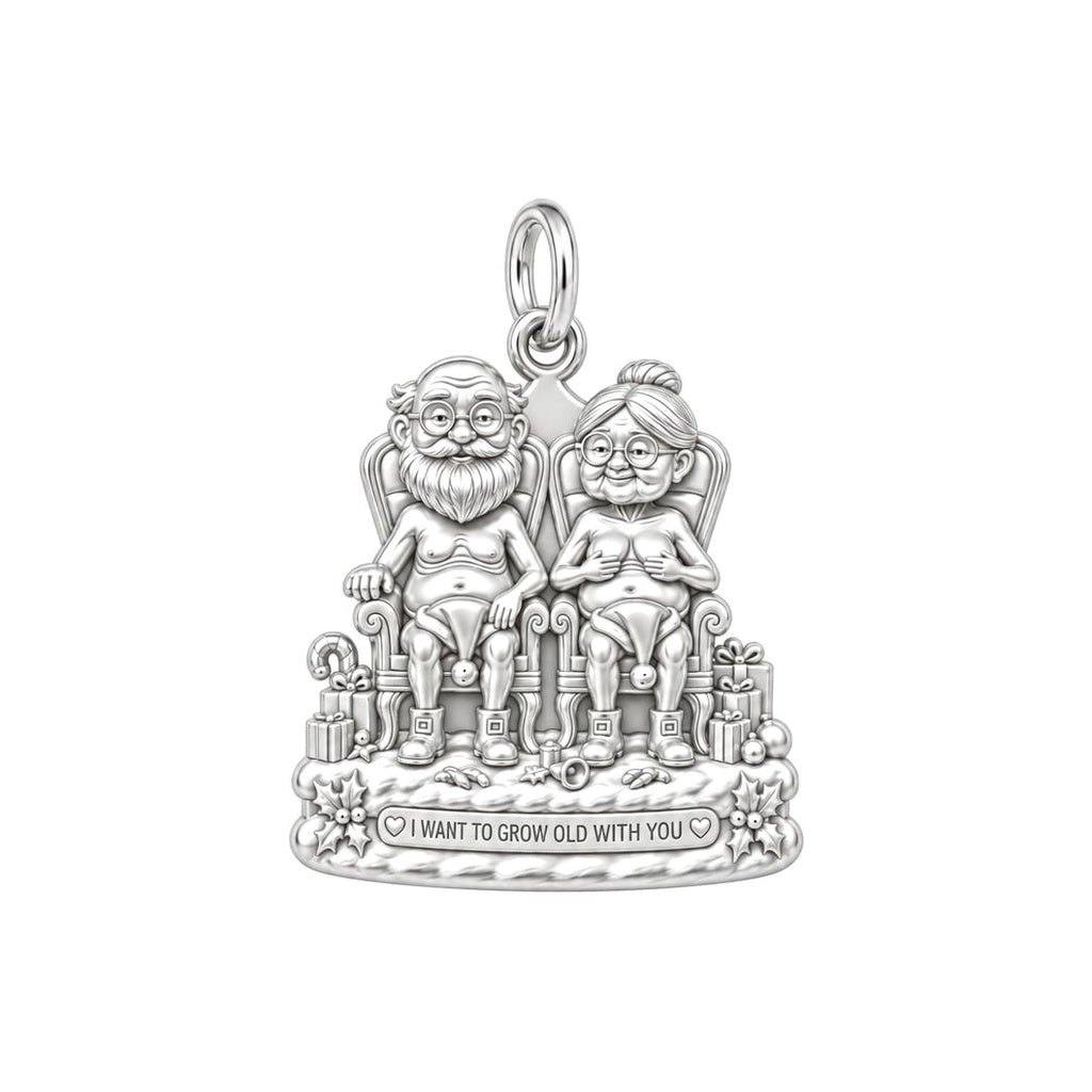 Grow Old Together Charm and Polyester Cord Bracelet Set – silver plated 3 cm charm, front view