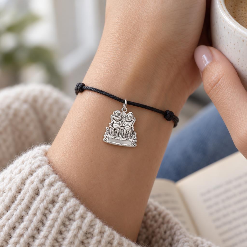 Grow Old Together Charm and Polyester Cord Bracelet Set – worn on the wrist on a black cord bracelet