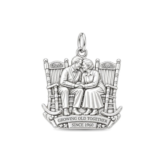 Growing Old Together Charm Bracelet – Personalized Couple Gift – silver plated 2 cm charm, front view