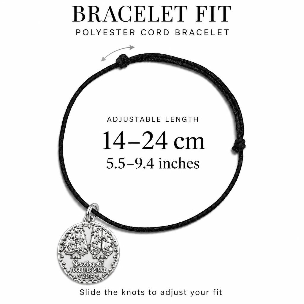Growing Old Together Charm Bracelet – Personalized Couple Gift – adjustable black cord bracelet, 14–24 cm
