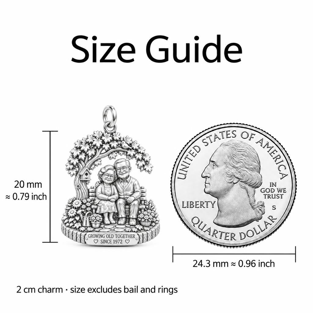 Growing Old Together Charm Bracelet – Personalized Couple Gift – size guide, 2 cm charm next to a quarter