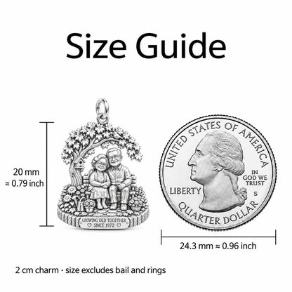 Growing Old Together Charm Bracelet – Personalized Couple Gift – size guide, 2 cm charm next to a quarter