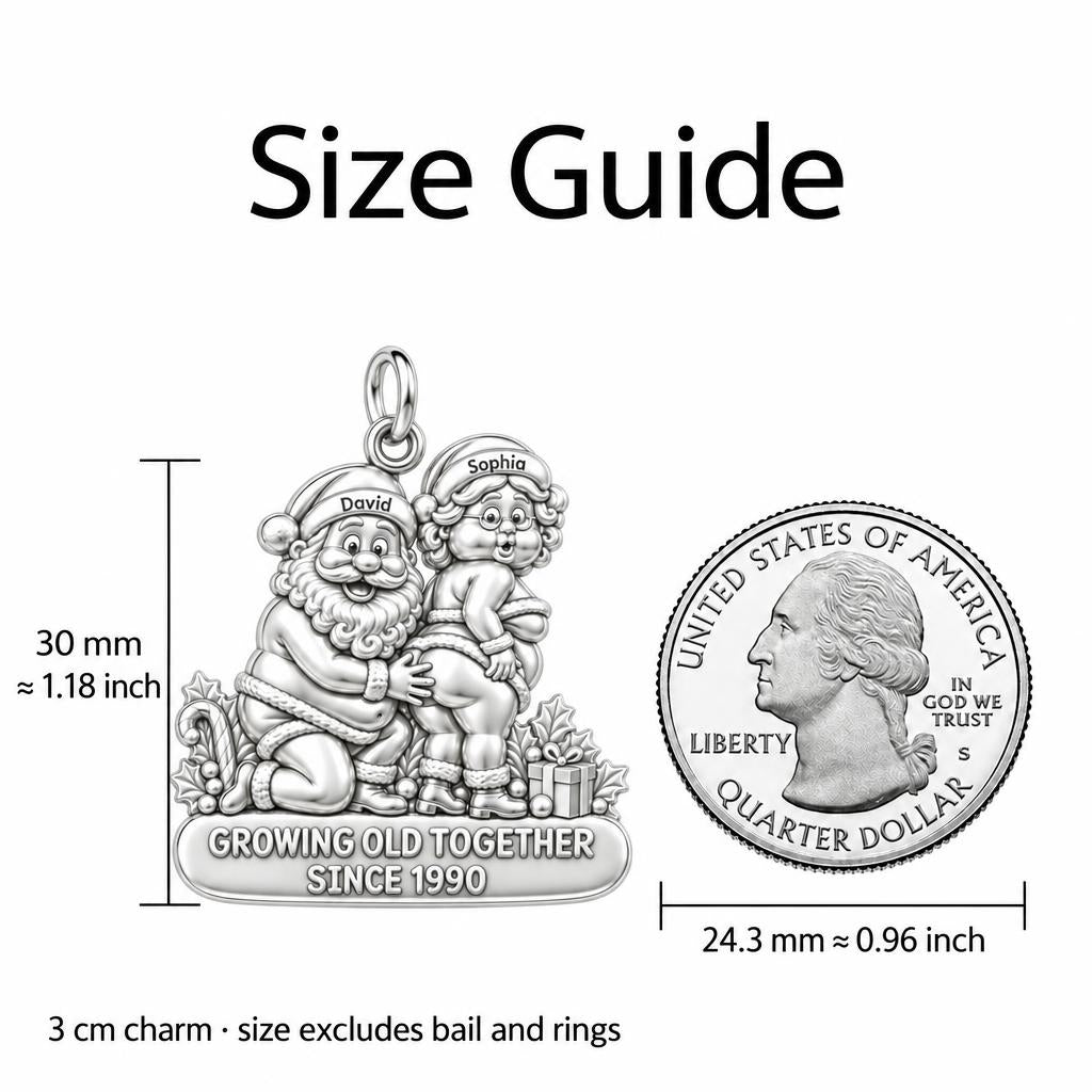 Growing Old Together Charm Bracelet – Personalized Couple Gift – size guide, 3 cm charm next to a quarter