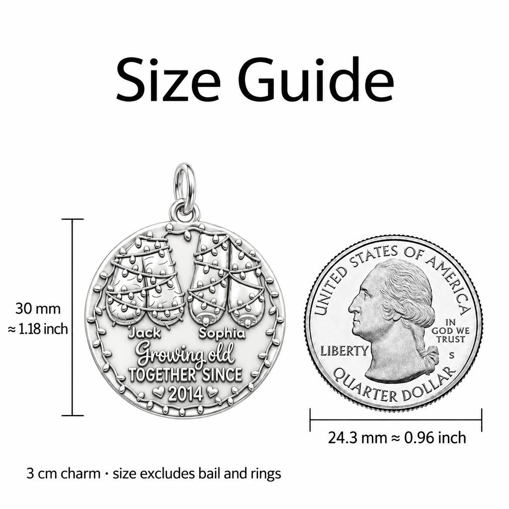Growing Old Together Charm Bracelet – Personalized Couple Gift – size guide, 3 cm charm next to a quarter