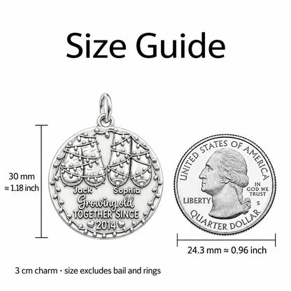 Growing Old Together Charm Bracelet – Personalized Couple Gift – size guide, 3 cm charm next to a quarter