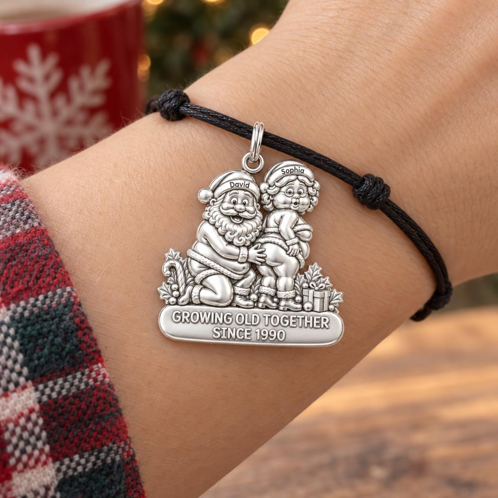 Growing Old Together Charm Bracelet – Personalized Couple Gift – worn on the wrist on a black cord bracelet