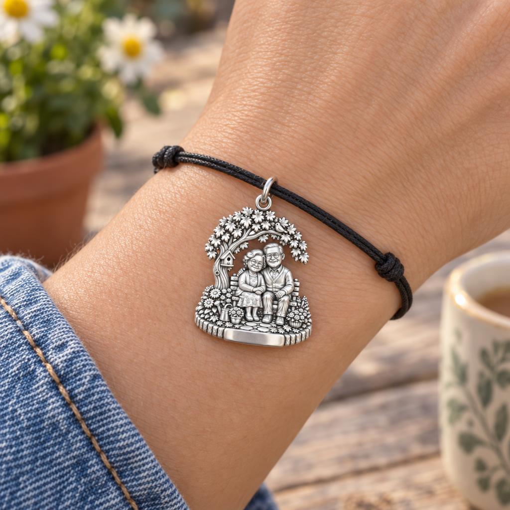 Growing Old Together Charm Bracelet – Personalized Couple Gift – worn on the wrist on a black cord bracelet