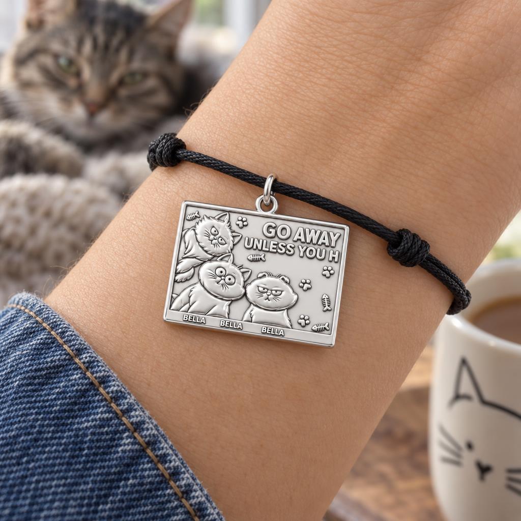 Grumpy Cat Family Charm Bracelet – Personalized Cat Mom Gift – worn on the wrist on a black cord bracelet
