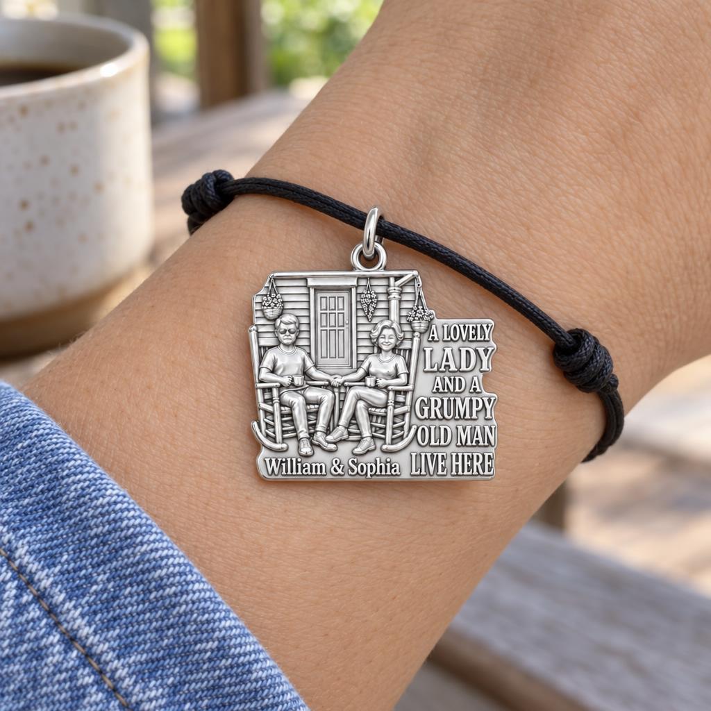 Grumpy Man and Lovely Lady Charm Bracelet – Personalized Couple Gift – worn on the wrist on a black cord bracelet