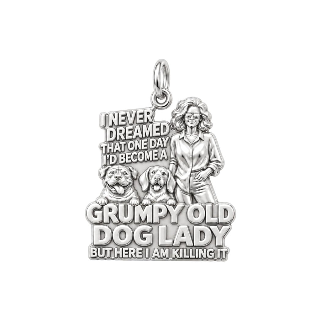 Grumpy Old Dog Lady Charm Bracelet – Personalized Dog Mom Gift – silver plated 3 cm charm, front view