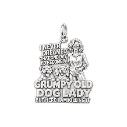 Grumpy Old Dog Lady Charm Bracelet – Personalized Dog Mom Gift – silver plated 3 cm charm, front view