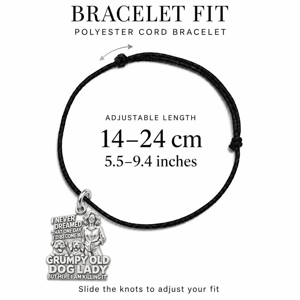 Grumpy Old Dog Lady Charm Bracelet – Personalized Dog Mom Gift – adjustable black cord bracelet, 14–24 cm