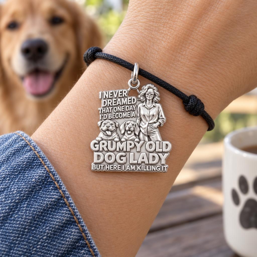 Grumpy Old Dog Lady Charm Bracelet – Personalized Dog Mom Gift – worn on the wrist on a black cord bracelet