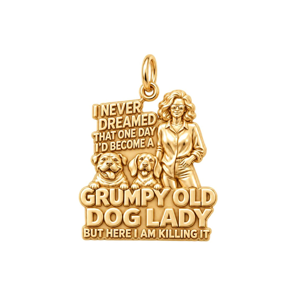 Grumpy Old Dog Lady Charm Bracelet – Personalized Dog Mom Gift – 18K gold plated 3 cm charm, front view