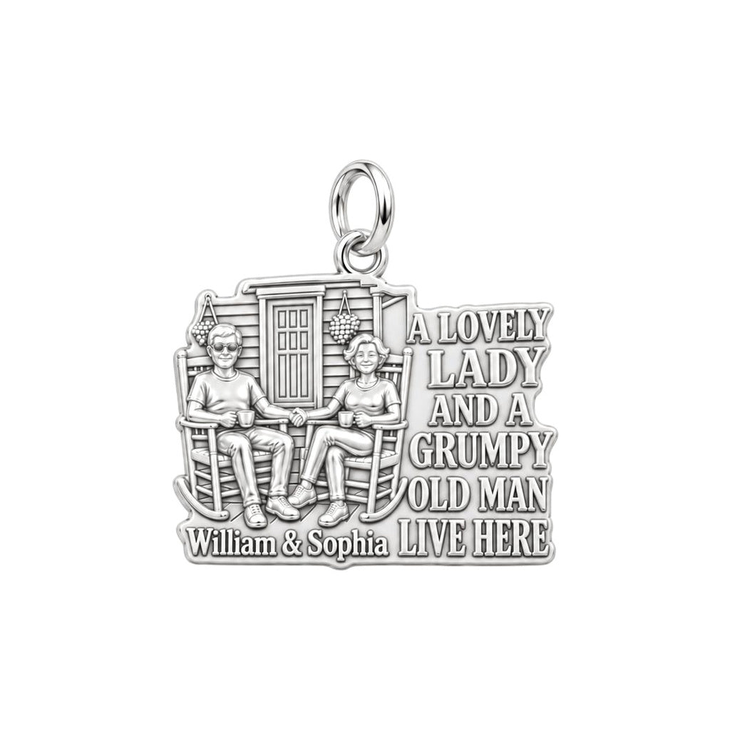 Grumpy Old Man Porch Charm Bracelet – Personalized Couple Gift – silver plated 3 cm charm, front view