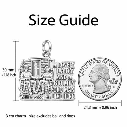 Grumpy Old Man Porch Charm Bracelet – Personalized Couple Gift – size guide, 3 cm charm next to a quarter