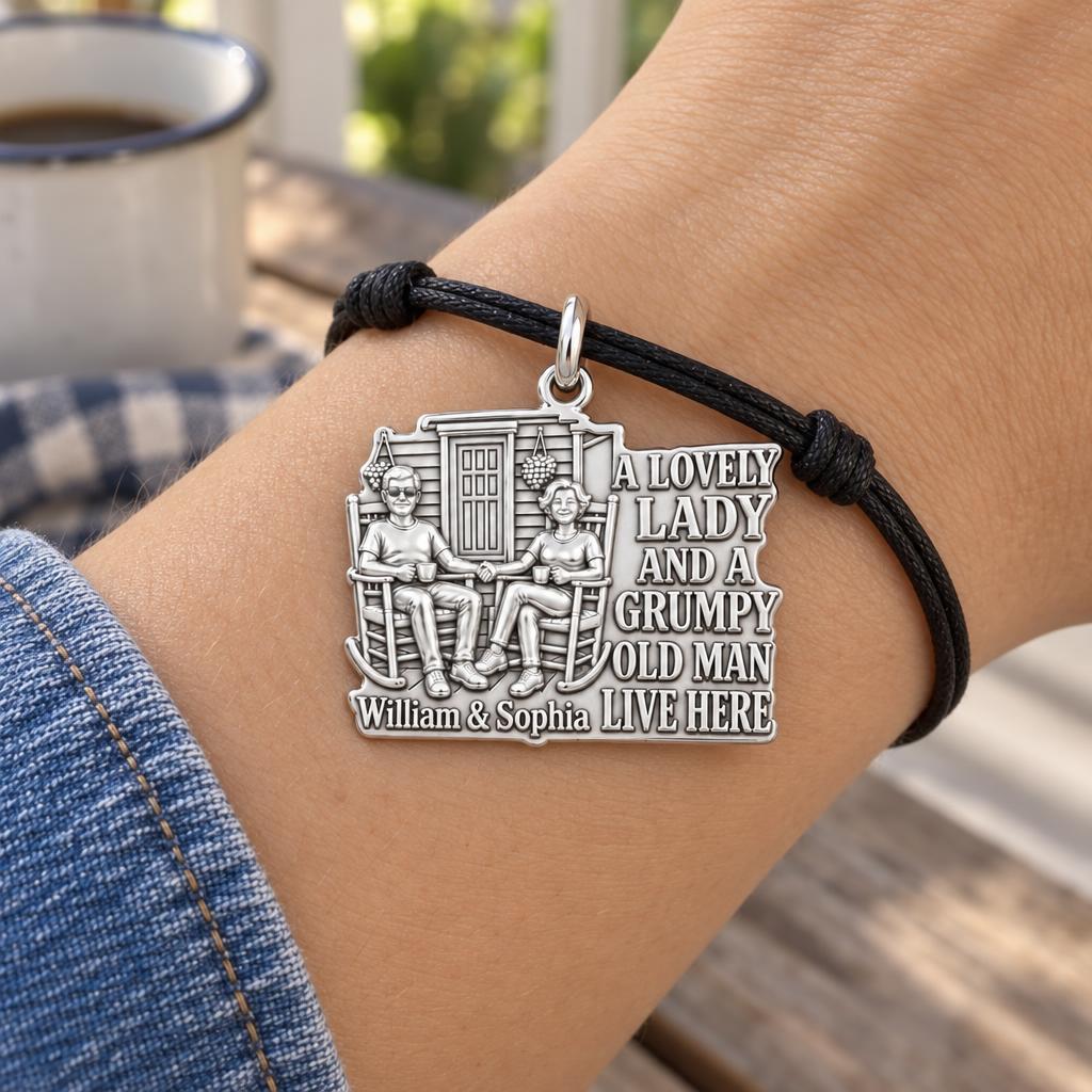 Grumpy Old Man Porch Charm Bracelet – Personalized Couple Gift – worn on the wrist on a black cord bracelet