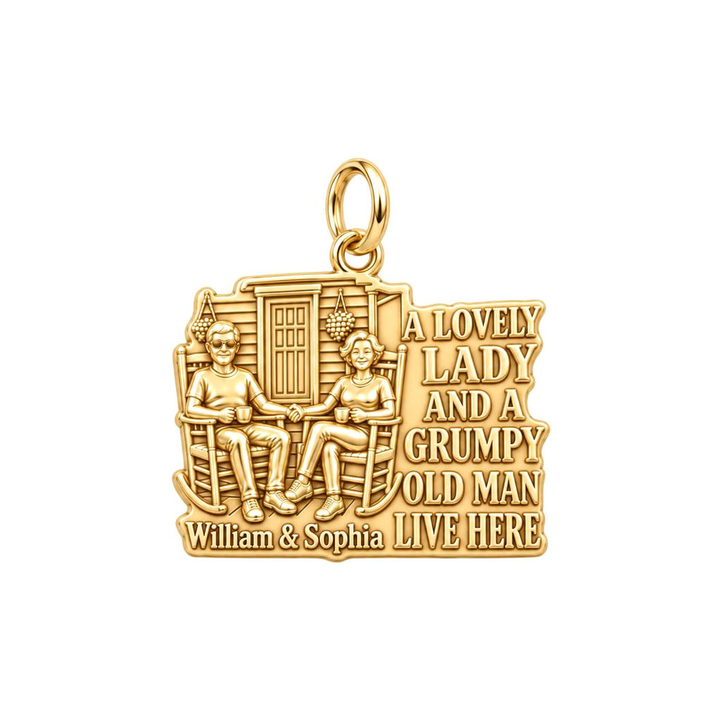 Grumpy Old Man Porch Charm Bracelet – Personalized Couple Gift – 18K gold plated 3 cm charm, front view