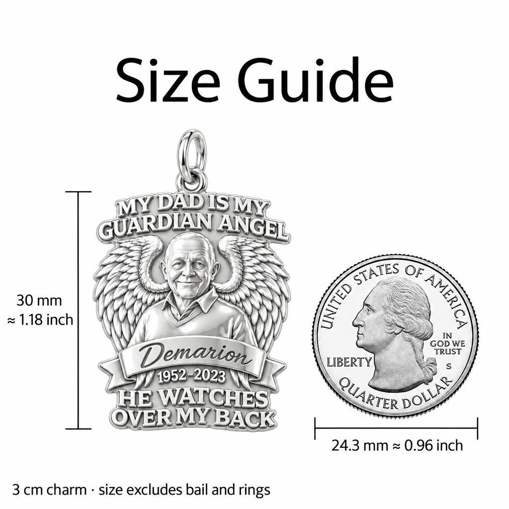 Guardian Angel Dad Charm Bracelet – Personalized Dad Gift – size guide, 3 cm charm next to a quarter