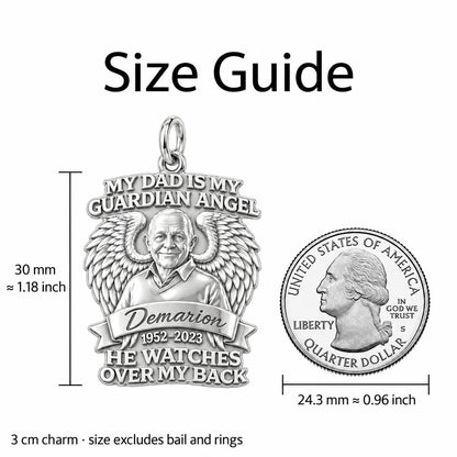 Guardian Angel Dad Charm Bracelet – Personalized Dad Gift – size guide, 3 cm charm next to a quarter