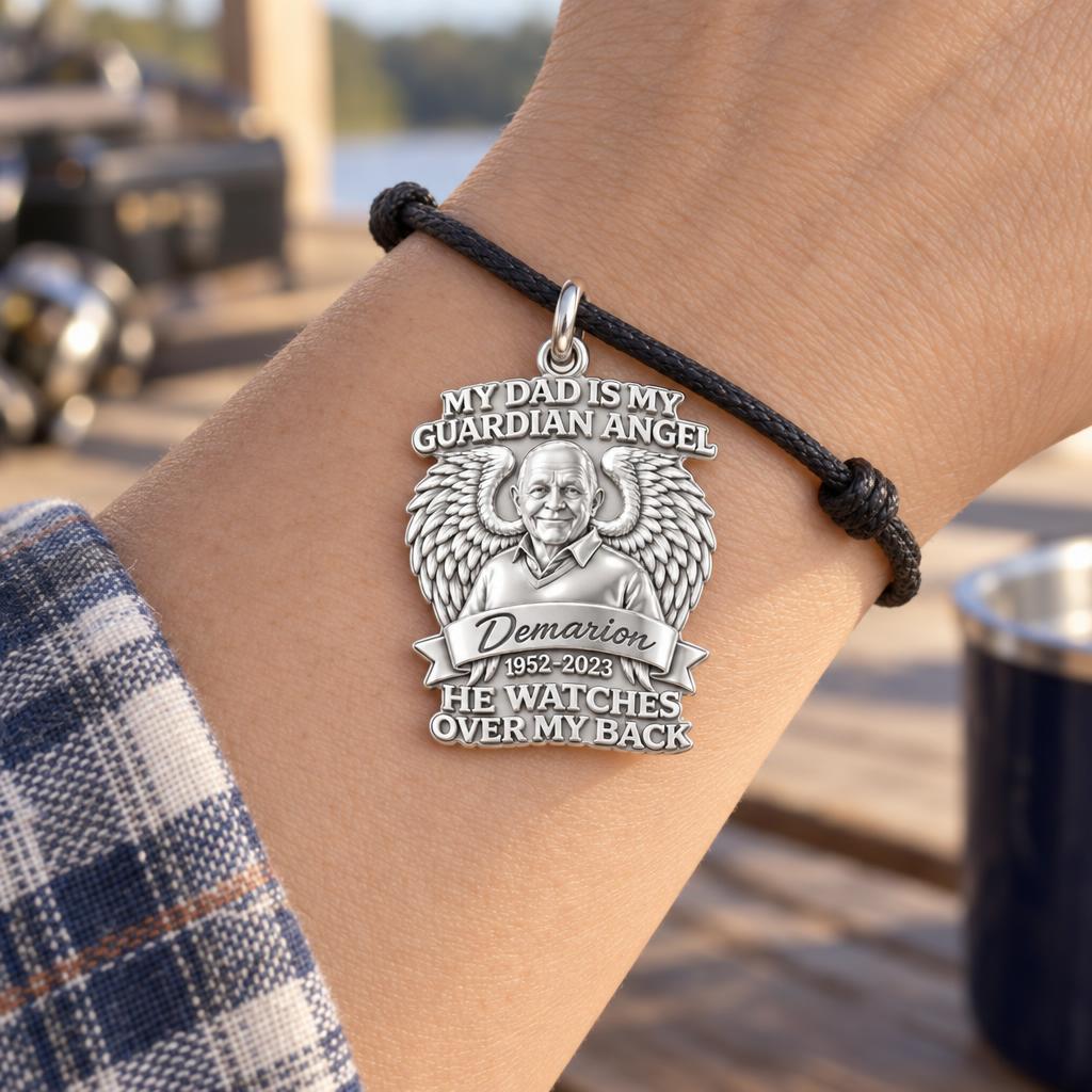 Guardian Angel Dad Charm Bracelet – Personalized Dad Gift – worn on the wrist on a black cord bracelet