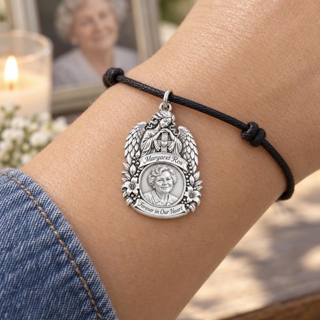 Guardian Angel Memorial Charm Bracelet – Personalized Bereavement Gift – worn on the wrist on a black cord bracelet