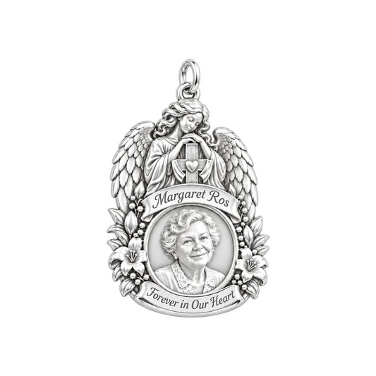 Guardian Angel Memorial Charm Bracelet – Personalized Mom Gift – silver plated 2 cm charm, front view