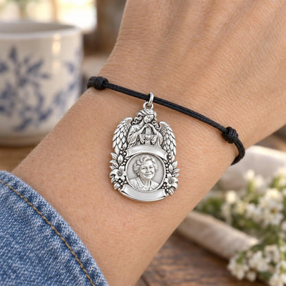 Guardian Angel Memorial Charm Bracelet – Personalized Mom Gift – worn on the wrist on a black cord bracelet
