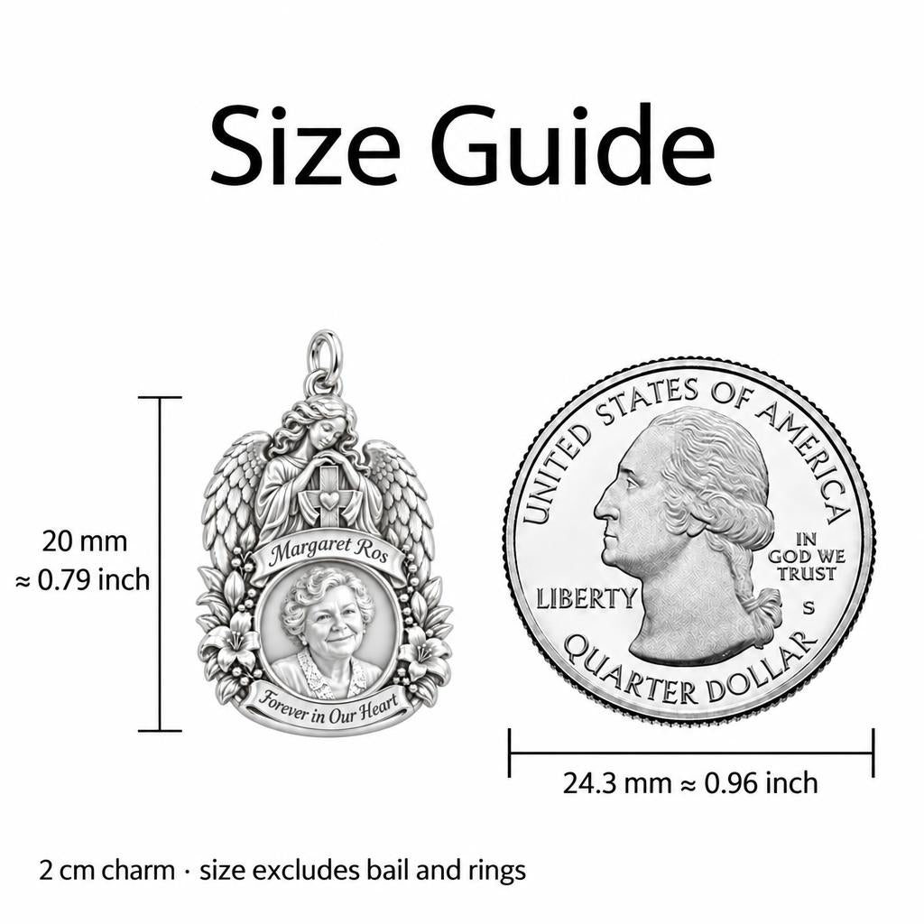 Guardian Angel Memorial Charm Bracelet Set – size guide, 13 mm charm next to a quarter