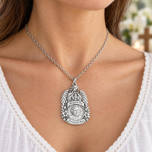 Guardian Angel Memorial Charm Necklace Set – worn / in use