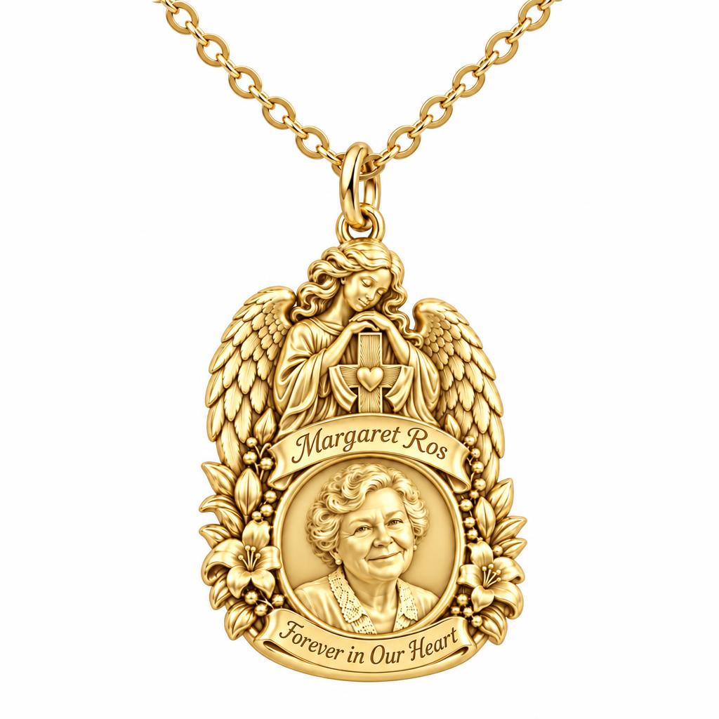 Guardian Angel Memorial Charm Necklace Set – 18K gold, front view
