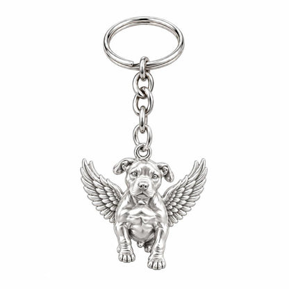 Guardian Angel Pup Charm Keychain – silver, front view