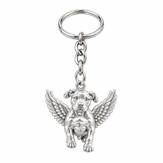 Guardian Angel Pup Charm Keychain – silver, front view