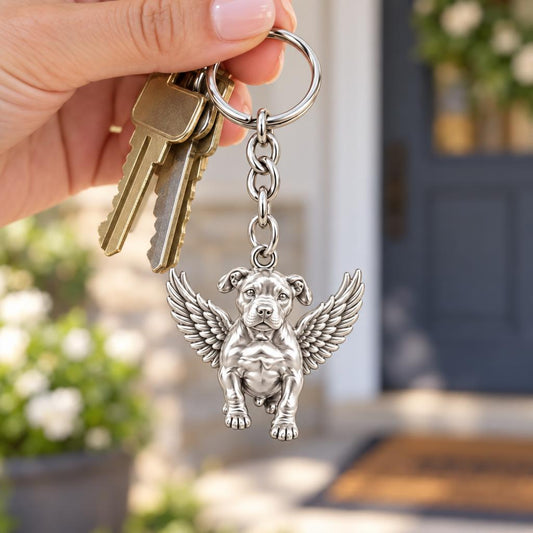 Guardian Angel Pup Charm Keychain – worn / in use