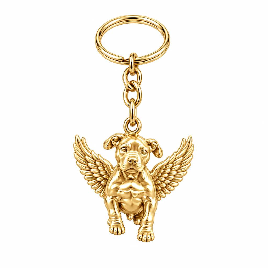 Guardian Angel Pup Charm Keychain – 18K gold, front view