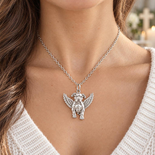 Guardian Angel Pup Charm Necklace Set – worn / in use