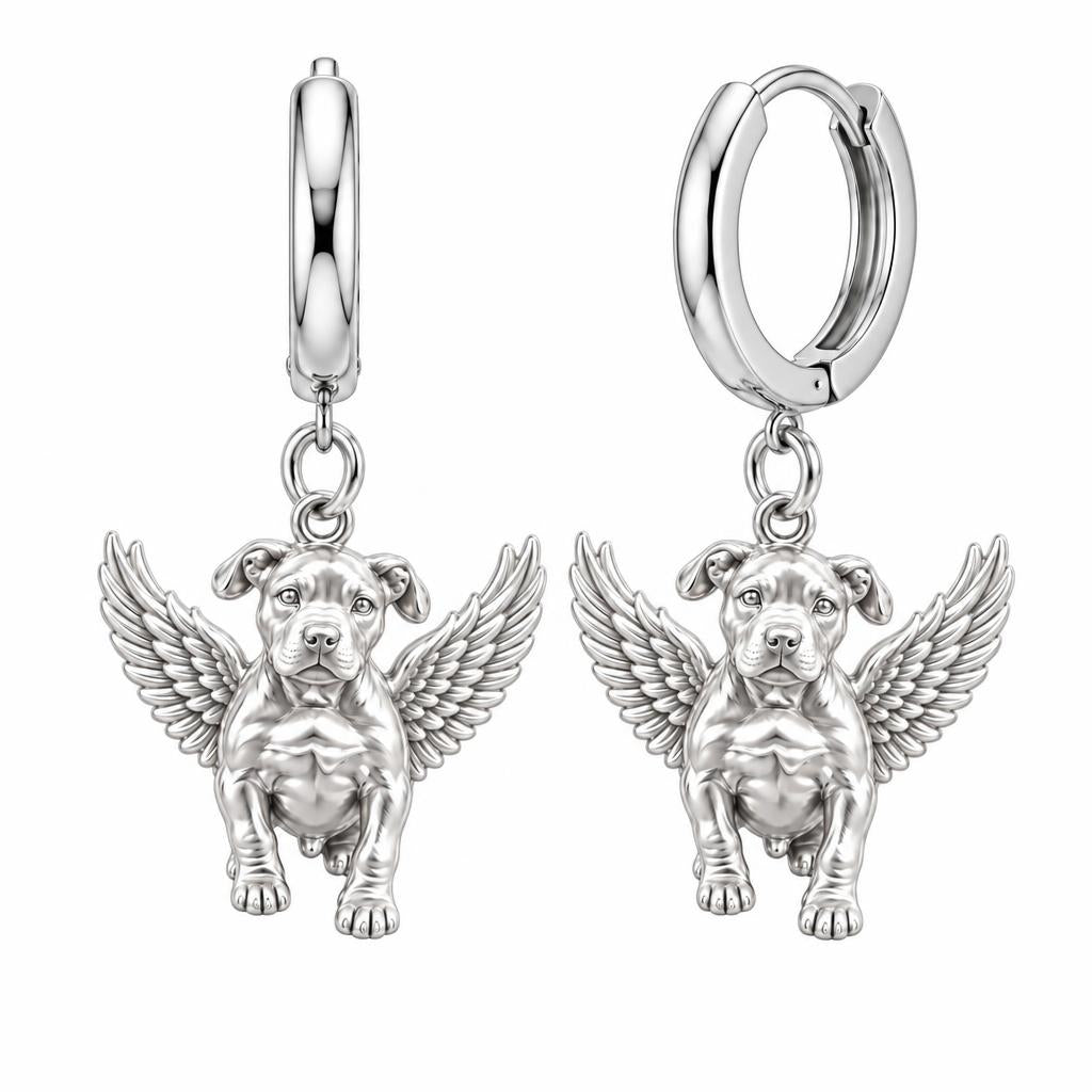 Guardian Angel Pup Huggie Charm Earrings – silver, front view