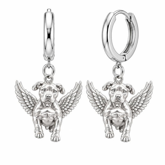 Guardian Angel Pup Huggie Charm Earrings – silver, front view