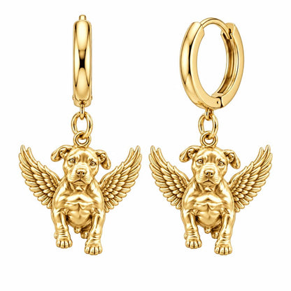 Guardian Angel Pup Huggie Charm Earrings – 18K gold, front view