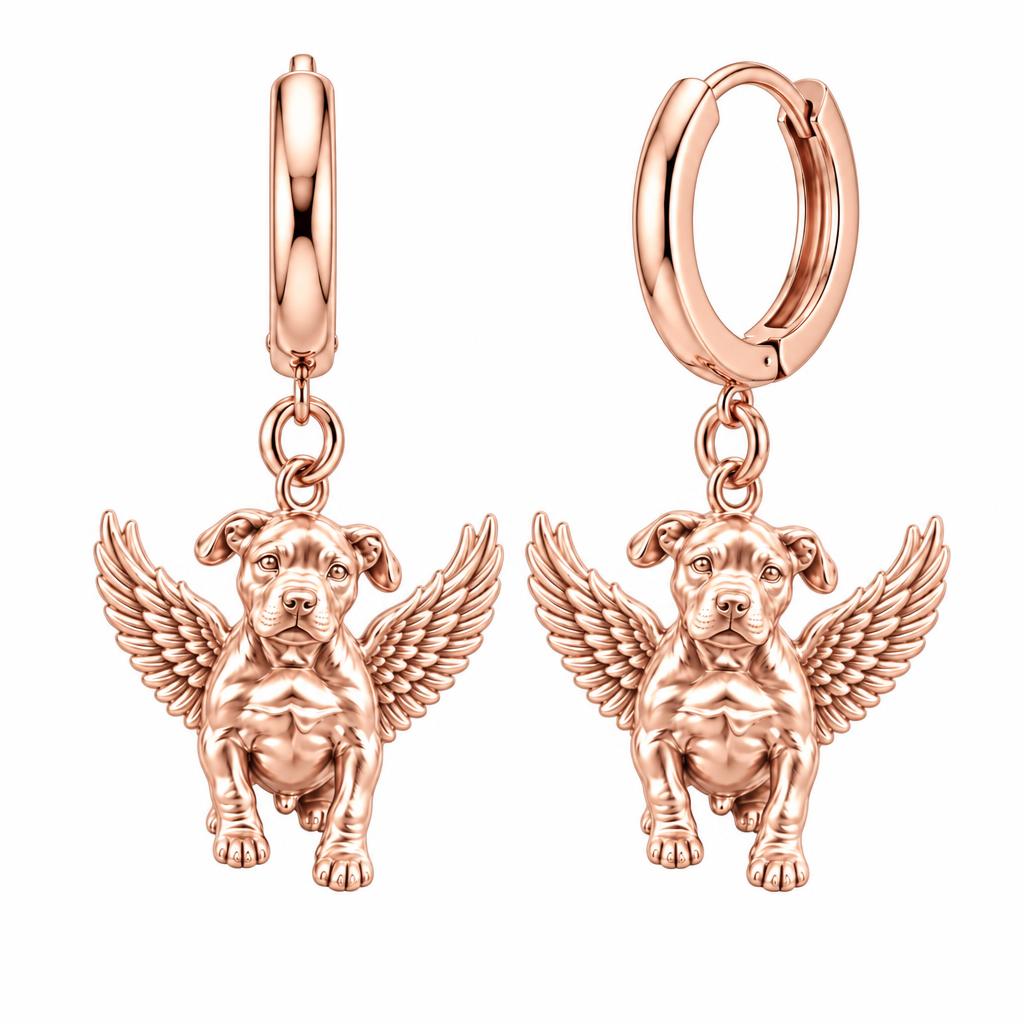 Guardian Angel Pup Huggie Charm Earrings – rose gold, front view