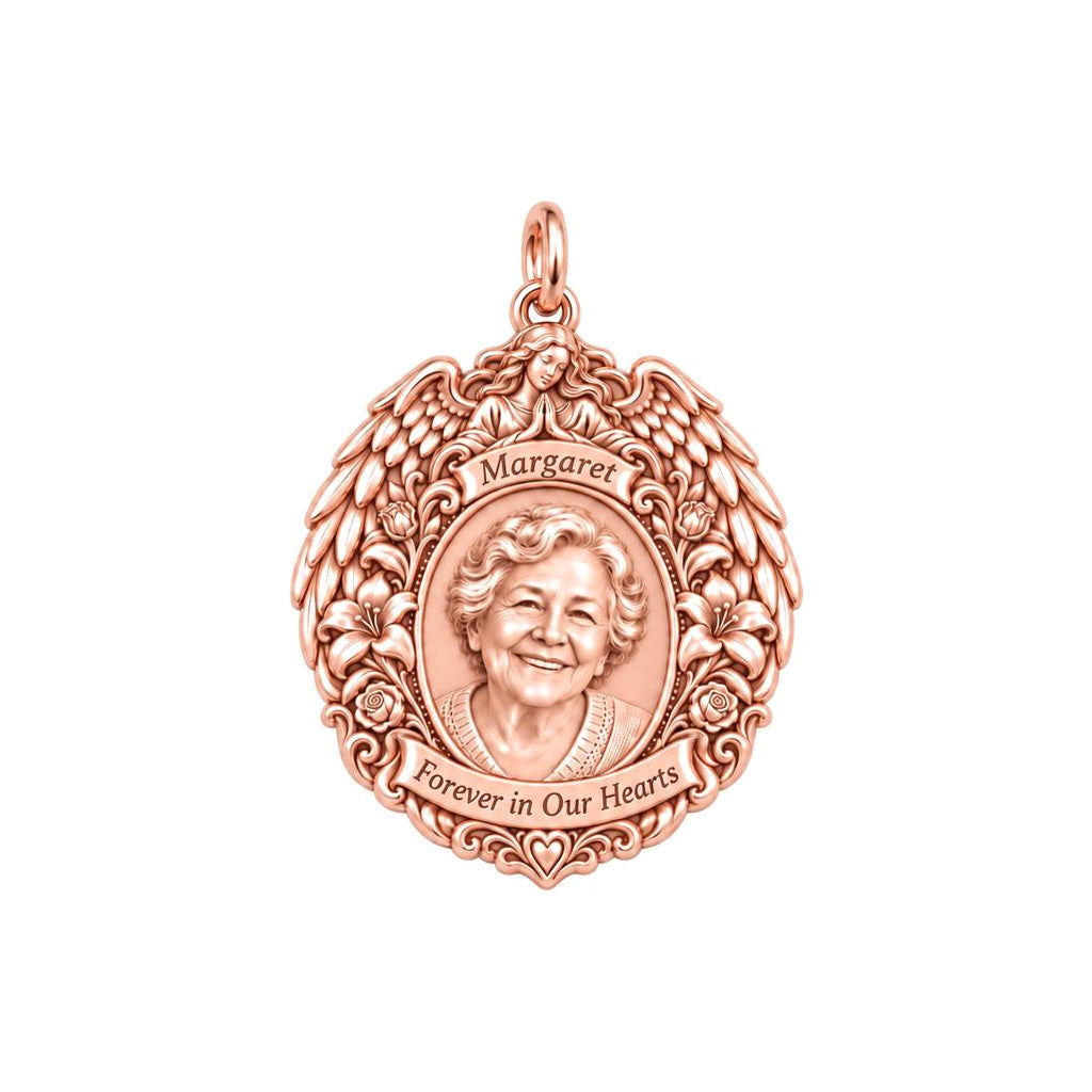 Guardian Angel Wings Charm Bracelet – Personalized Memorial Gift – rose gold 2 cm charm, front view